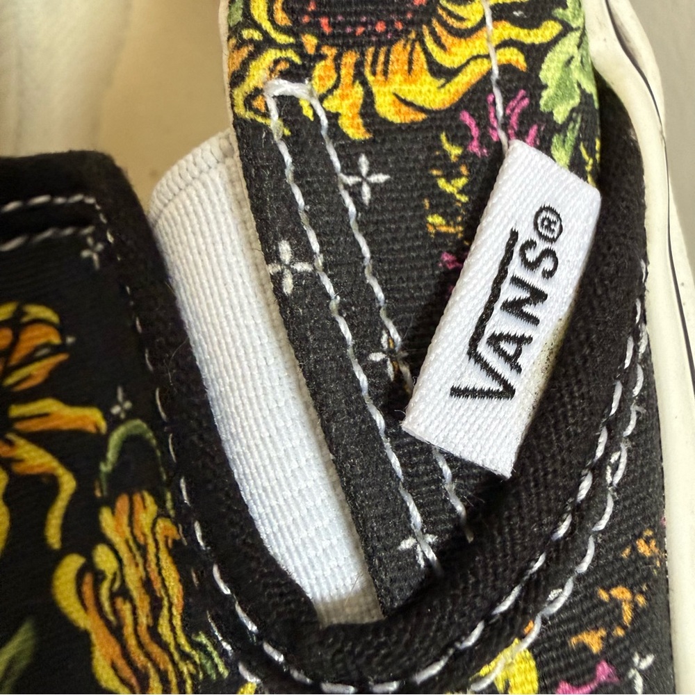 Vans Slip-On. Black with Colorful Floral and Skull Design. Used. Size 6M/7.5F - Picture 5 of 7